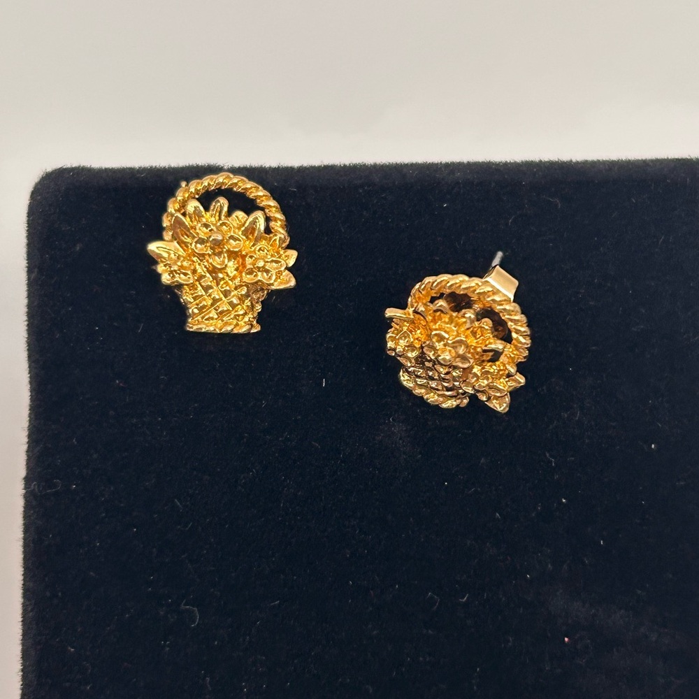 Vintage Style Gold‎ Tone Flower Basket Earrings Floral Stud Retro Jewelry